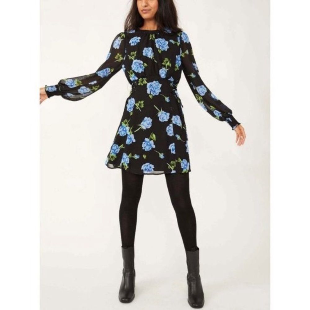 NWOT Free People Samantha Lace Up Dress, Size Large, Black Blue Floral